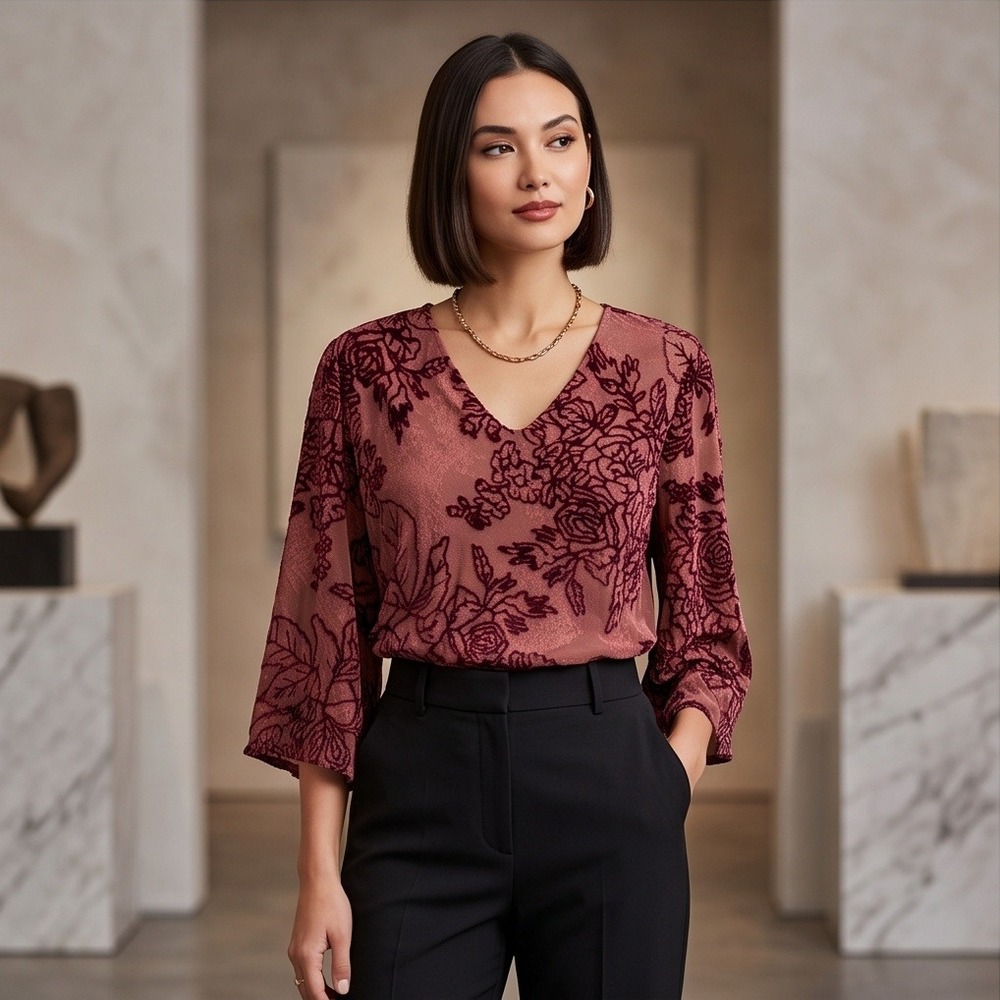 Citron Santa Monica L Silk Blend Velvet Burnout Floral Blouse Maroon Mauve Y2K